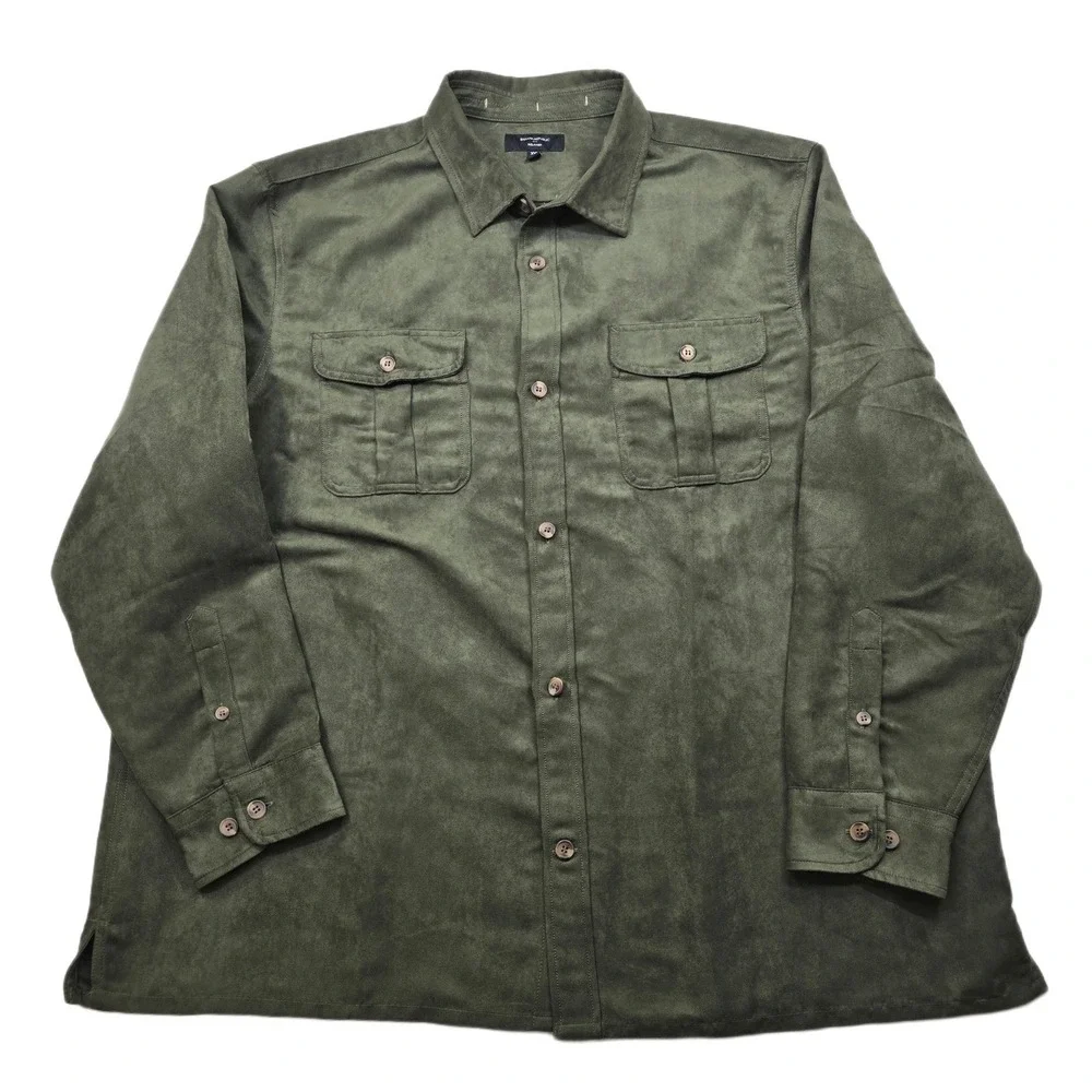 Banana Republic Faux Suede Shirt Men's 2XL Olive Green Long Sleeve‎ Relaxed Fit